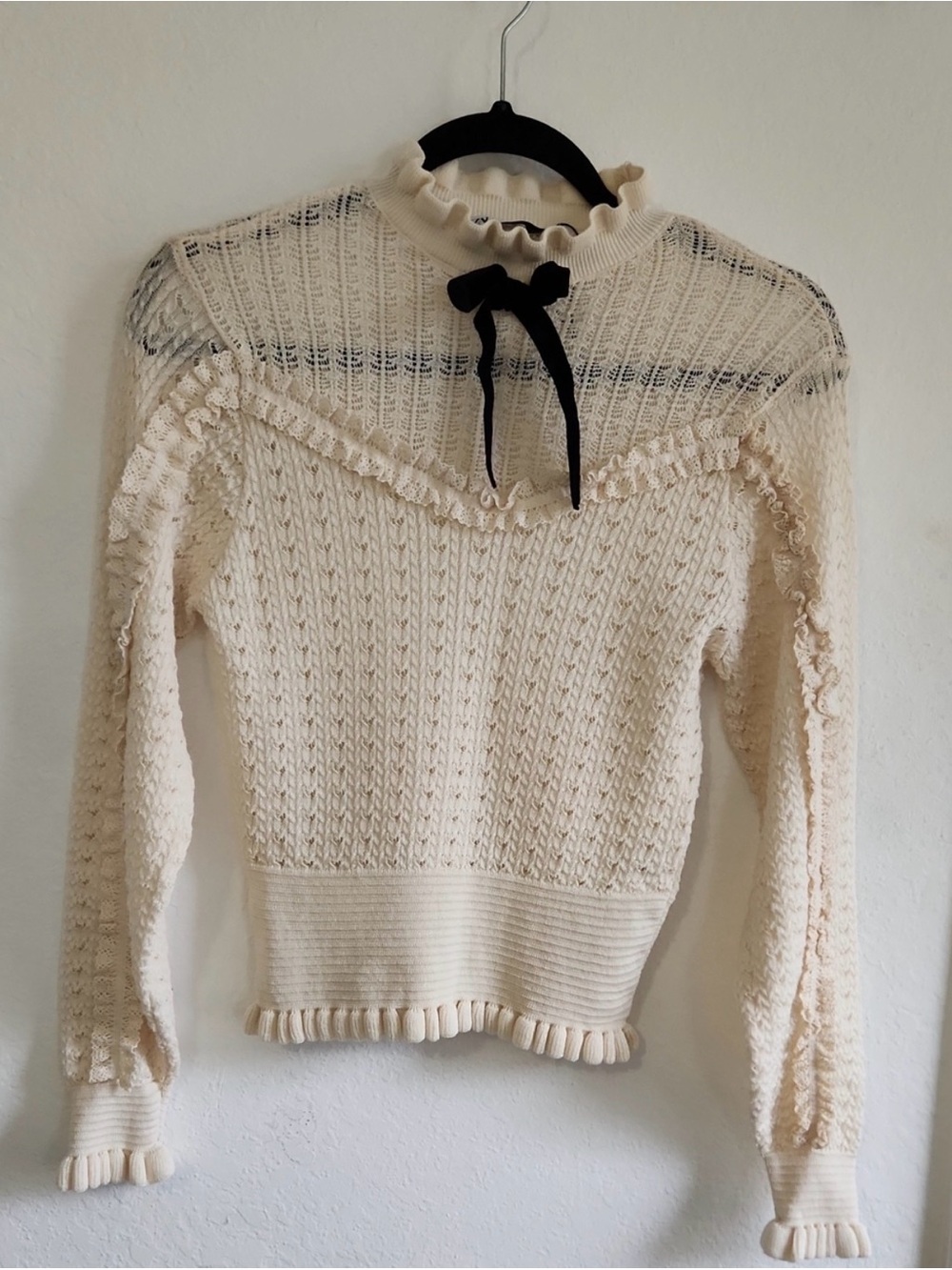 Zara Cream Knit Ruffled Turtleneck Sweater with Black Bow